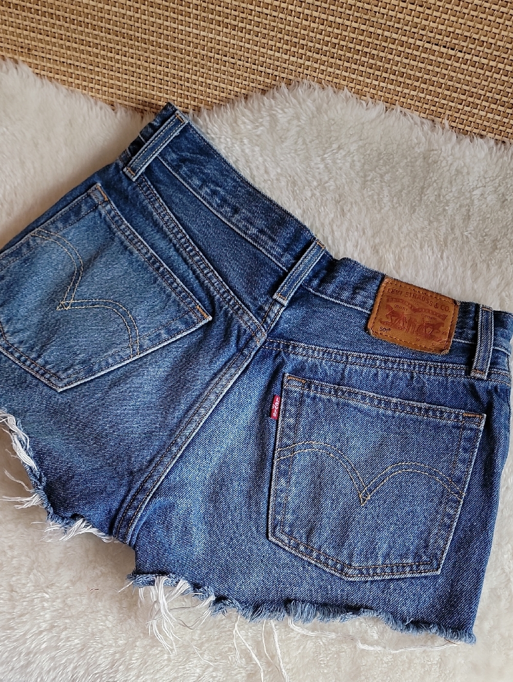 Levi's Dark Blue Distressed Denim Cutoff Shorts - Picture 3 of 9
